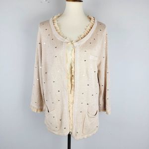 My Favorite Things Colleen Lopez Caramel Ruffle Sequins Open Cardigan Sweater L